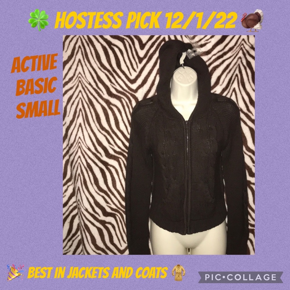 Active basic brown small knit zip hoodie sweater